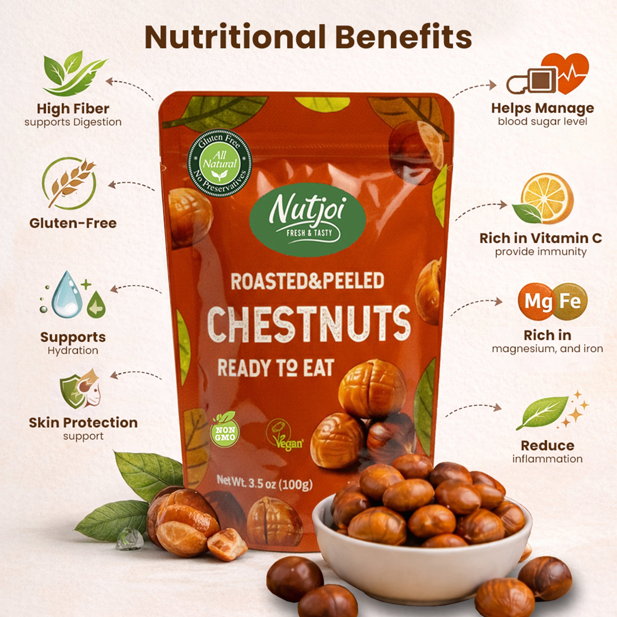 Nutjoi Roasted & Peeled Chestnuts – Ready to Eat (100g)