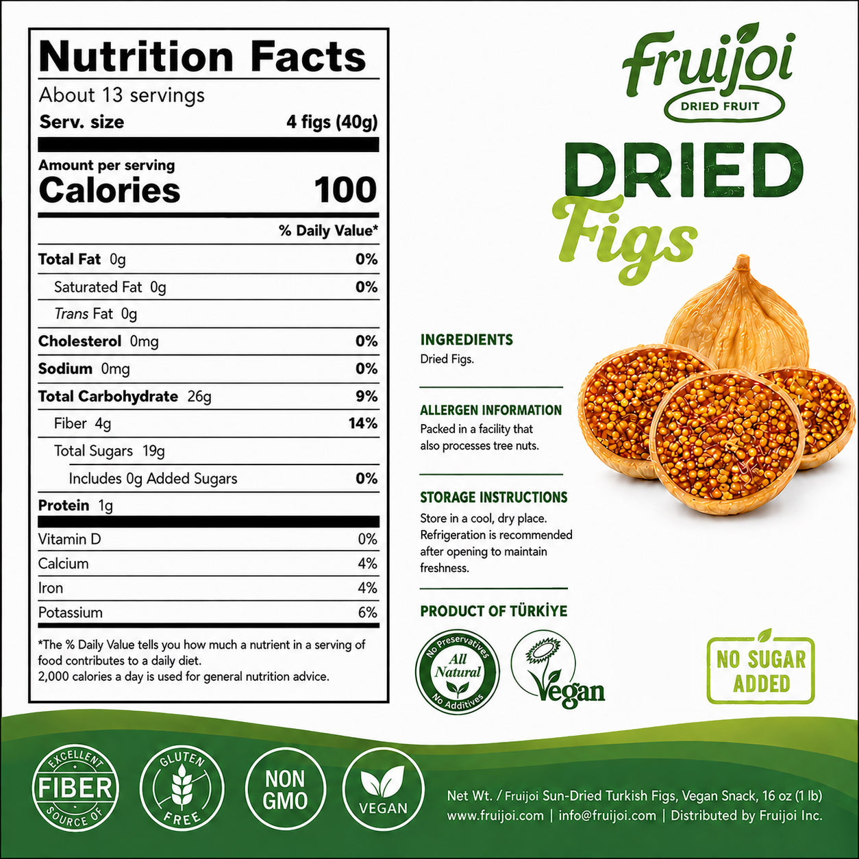 Fruitjoi Dried Figs, Vegan-Gluten Free, 1 lb (454g)